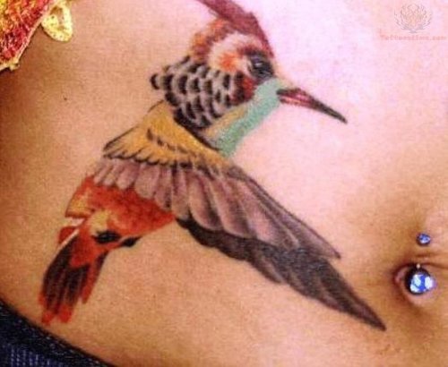 Flying Humming Bird Tattoo On Belly